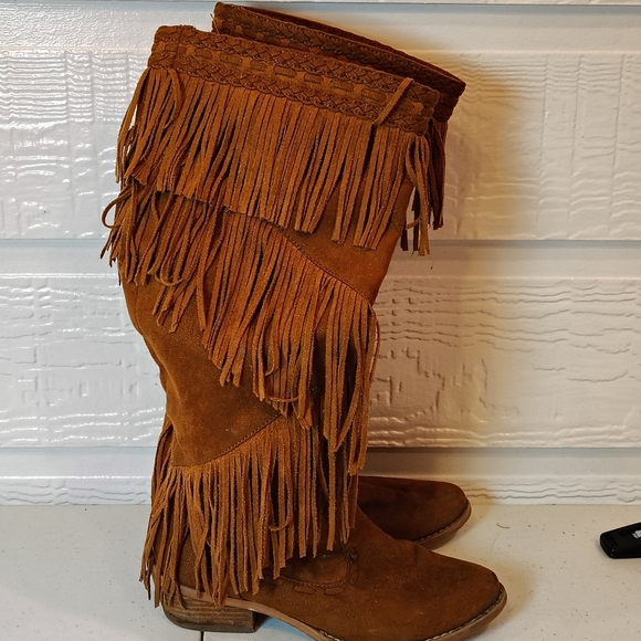 Not Rated Fringe Brown Suede Boots Festival Boho Western Size 6.5 Pull On - Picture 6 of 10